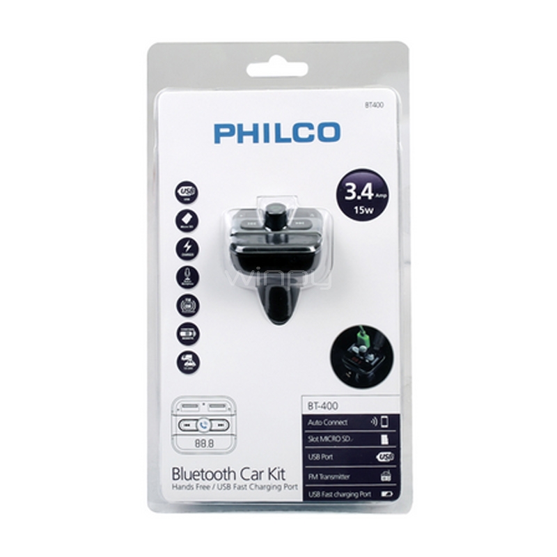 Kit Manos Libres para Auto Philco con Radio FM y Cargador (Bluetooth, Negro)