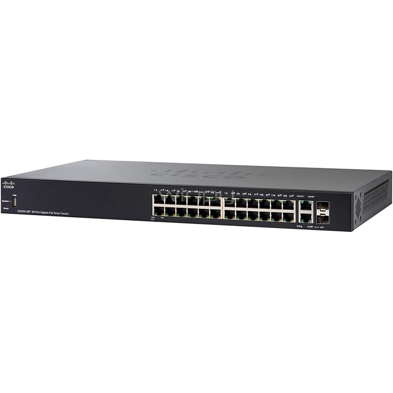 Switch Cisco 250 Series SG250-26P de 26 Puertos (1G SFP x2, 52 Gbps, L2+/L3, PoE+, 195 W)