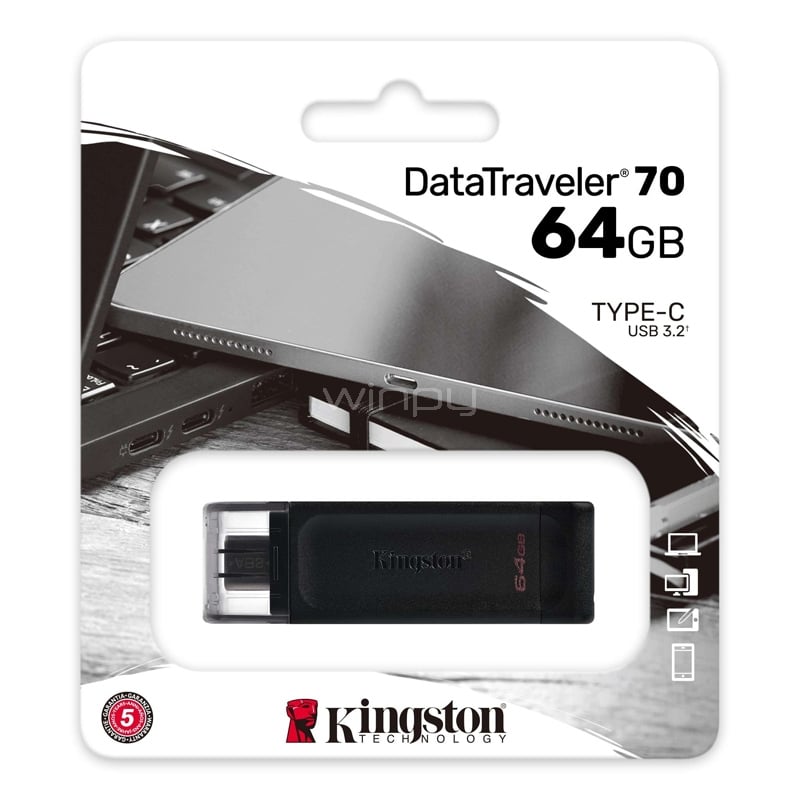 pendrive kingston datatraveler 70 de 64 gb (usb-c 3.2, negro)