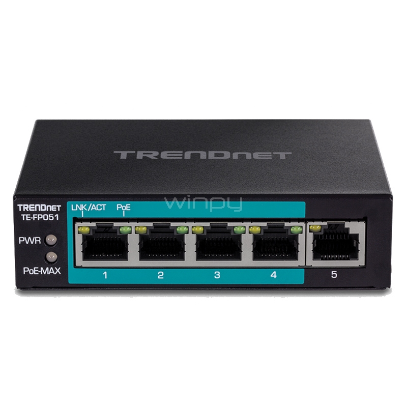 Switch Trendnet Gigabit de 5 puertos (hasta 250 mts, PoE+, Fast Ethernet, 1 Gbps, 60W)
