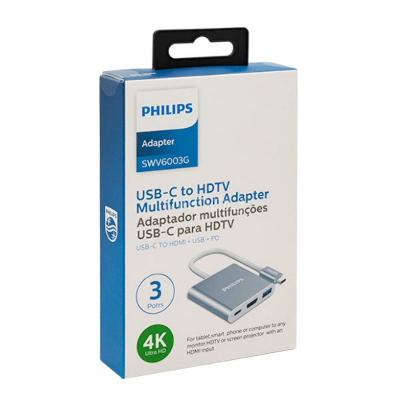 Adaptador Multipuerto HUB Philips 3 en 1 (HDMI, USB-C, USB-A, Blanco)