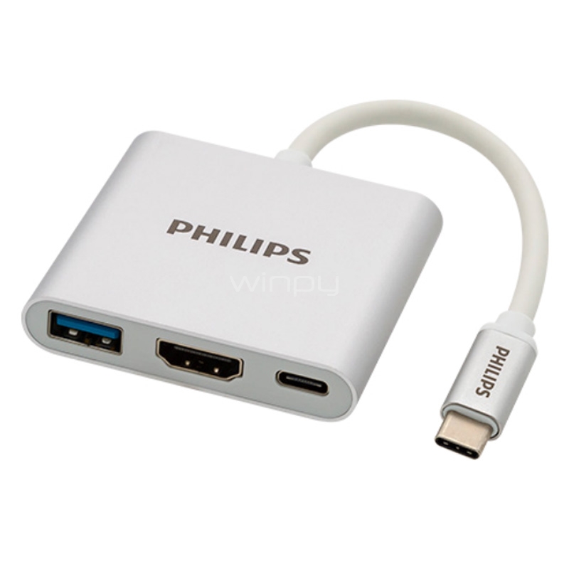 Adaptador Multipuerto HUB Philips 3 en 1 (HDMI, USB-C, USB-A, Blanco)