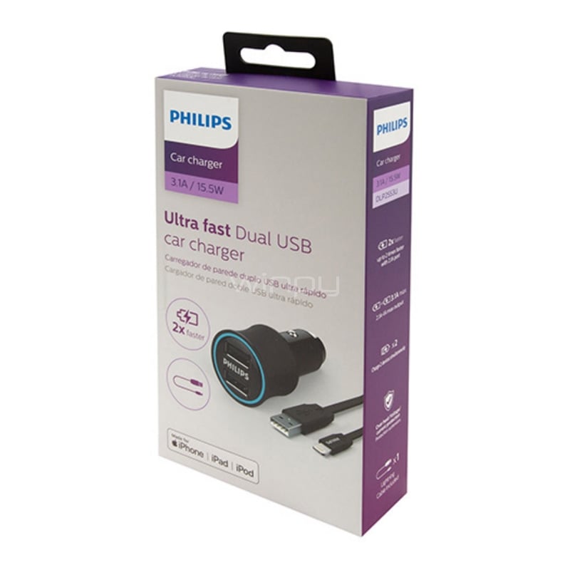 Cargador para Auto Philips con Cable Lighting (USB-A, 15W)