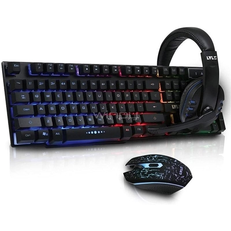 Kit Gamer LvlUp Teclado+Mouse+Audífonos (Español, USB, LED Multicolor)