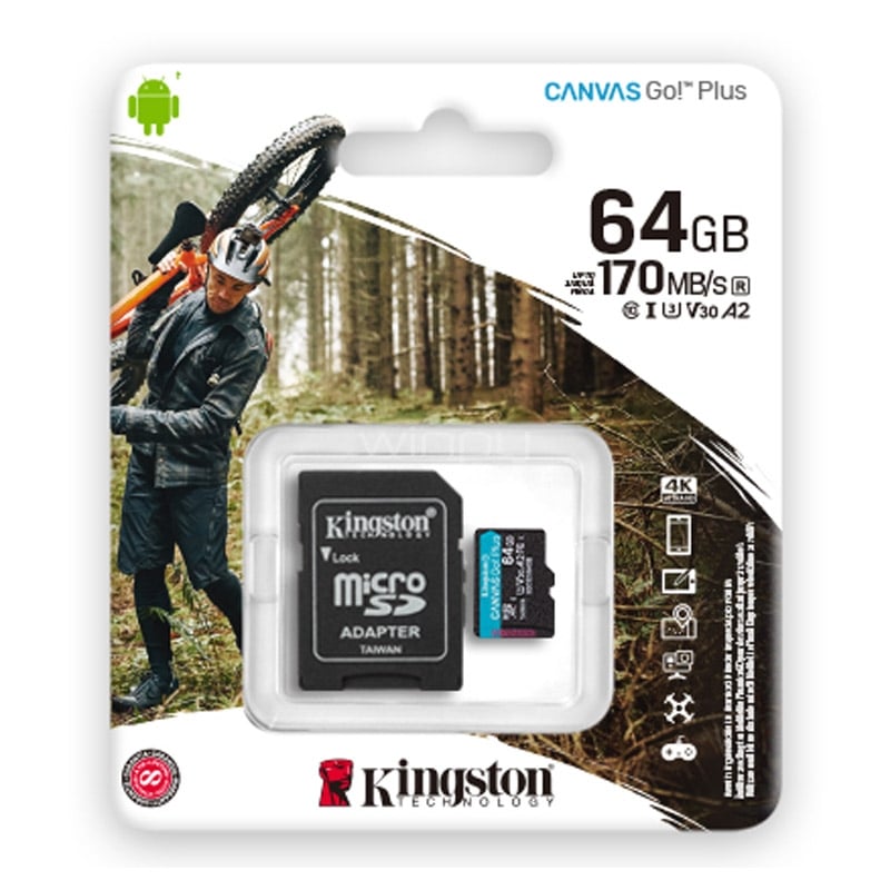 Tarjeta MicroSD Kingston Canvas Go! Plus de 64GB (UHS-I, U3, V30, A2)