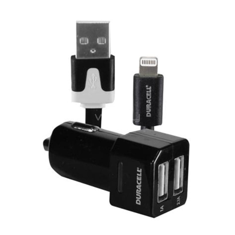 Cargador para Auto Duracell con Cable Lightning (USB-A x2, 2.1 Amp, Negro)