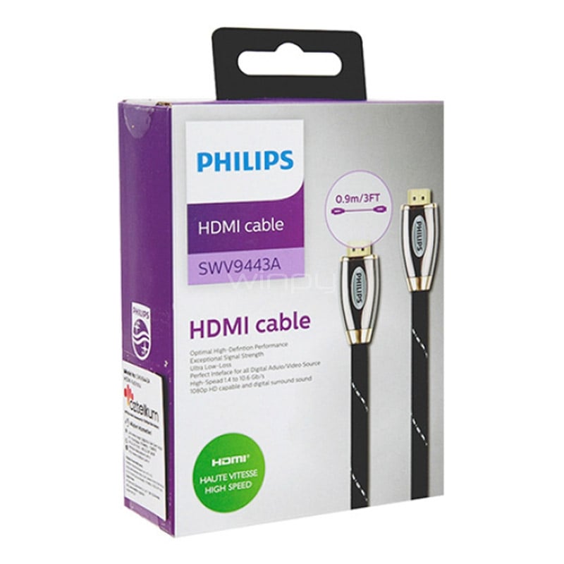 Cable HDMI Philips SWV9443A de 90 cms (4K, 3D, Malla)