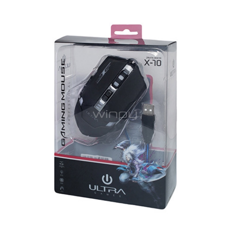 Mouse Gamer ULTRA X-10 Retroiluminación (1800dpi, Negro)