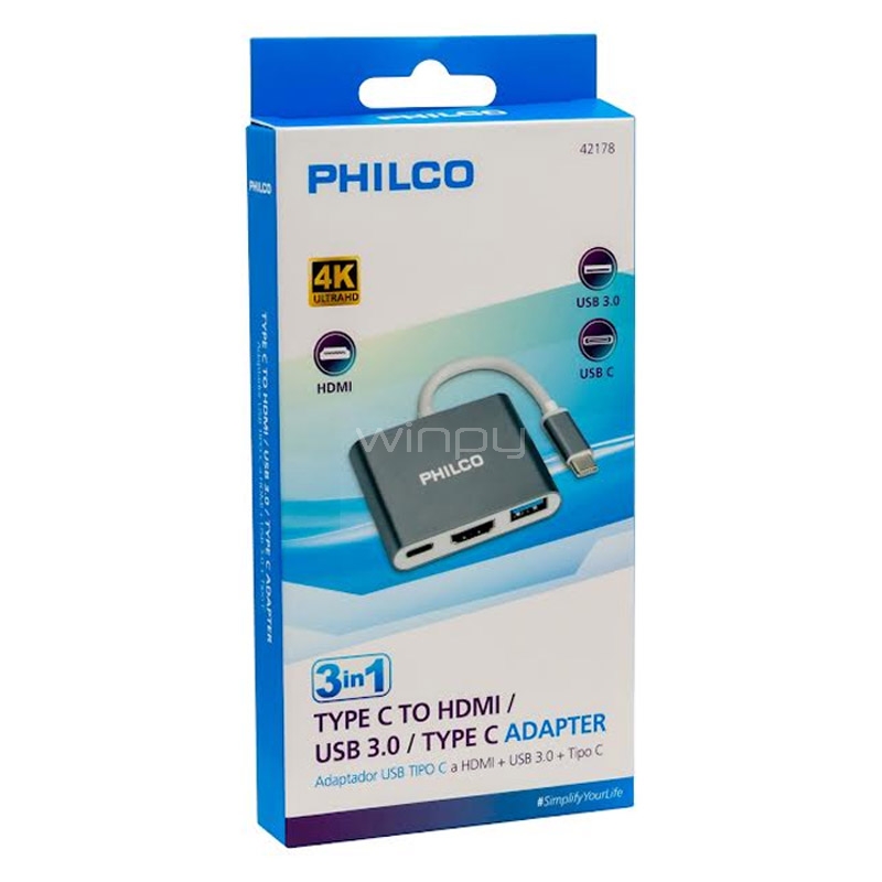 Adaptador USB-C Philco 3 en 1 (HDMI, USB, Gris)