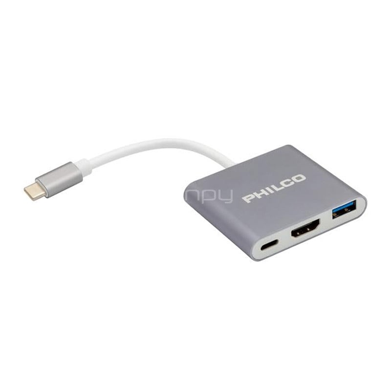 Adaptador USB-C Philco 3 en 1 (HDMI, USB, Gris)