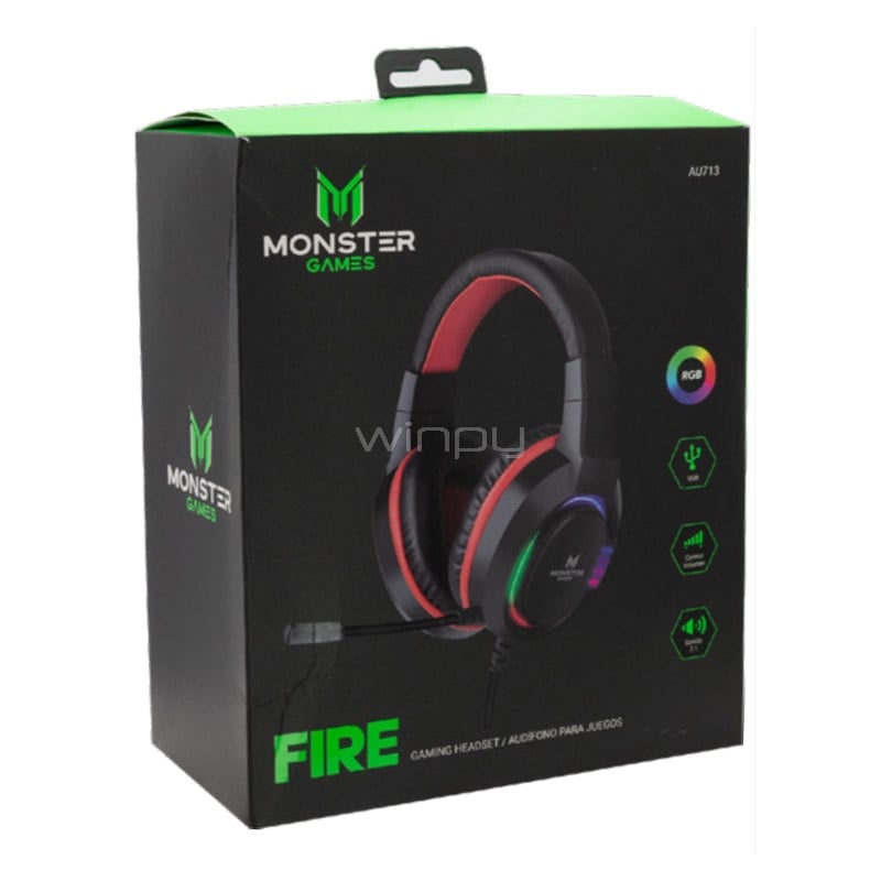 Audífonos Monster Games Fire 7.1 (USB, RGB, Negro/Rojo)