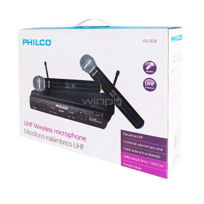 Sistema UHF Philco 2 micrófonos Inalámbricos (FM, hasta 80 metros, Doble antena)