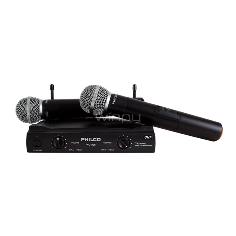 Sistema UHF Philco 2 micrófonos Inalámbricos (FM, hasta 80 metros, Doble antena)
