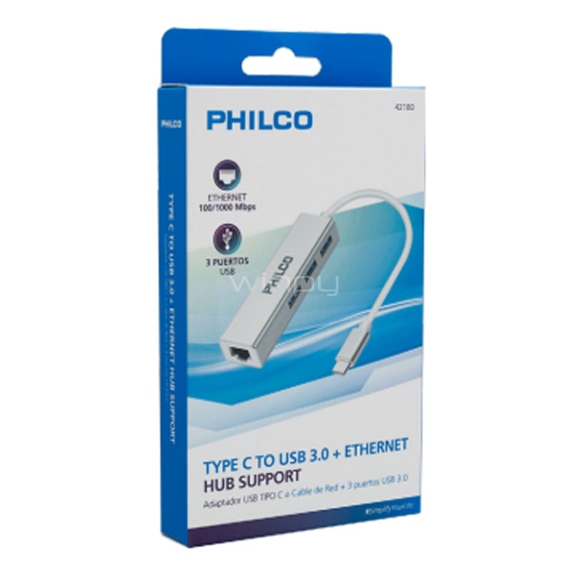 Adaptador Multipuerto HUB Philco de 3 Puertos USB-C (USB 3.0, RJ45 Gigabit Ethernet)