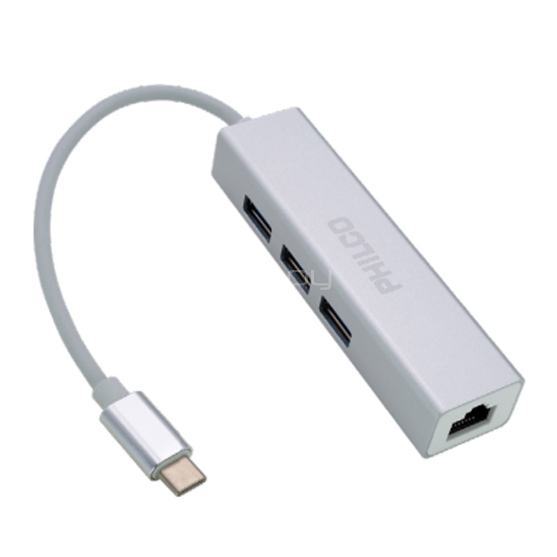 Adaptador Multipuerto HUB Philco de 3 Puertos USB-C (USB 3.0, RJ45 Gigabit Ethernet)