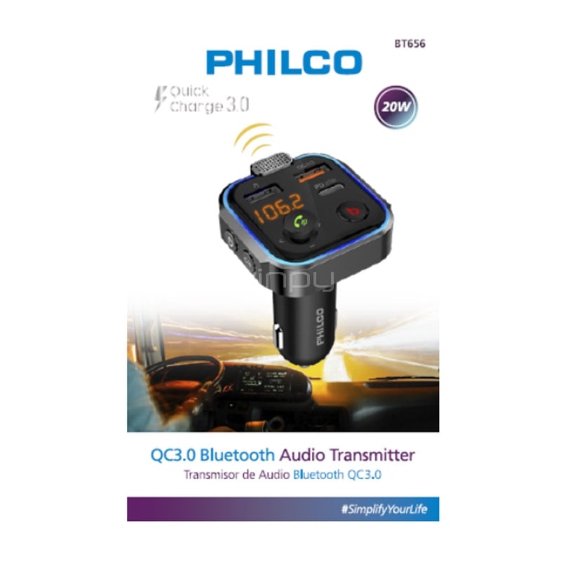 Transmisor FM Philco BT656 Carga Rápida (20W, Bluetooth, USB-A)