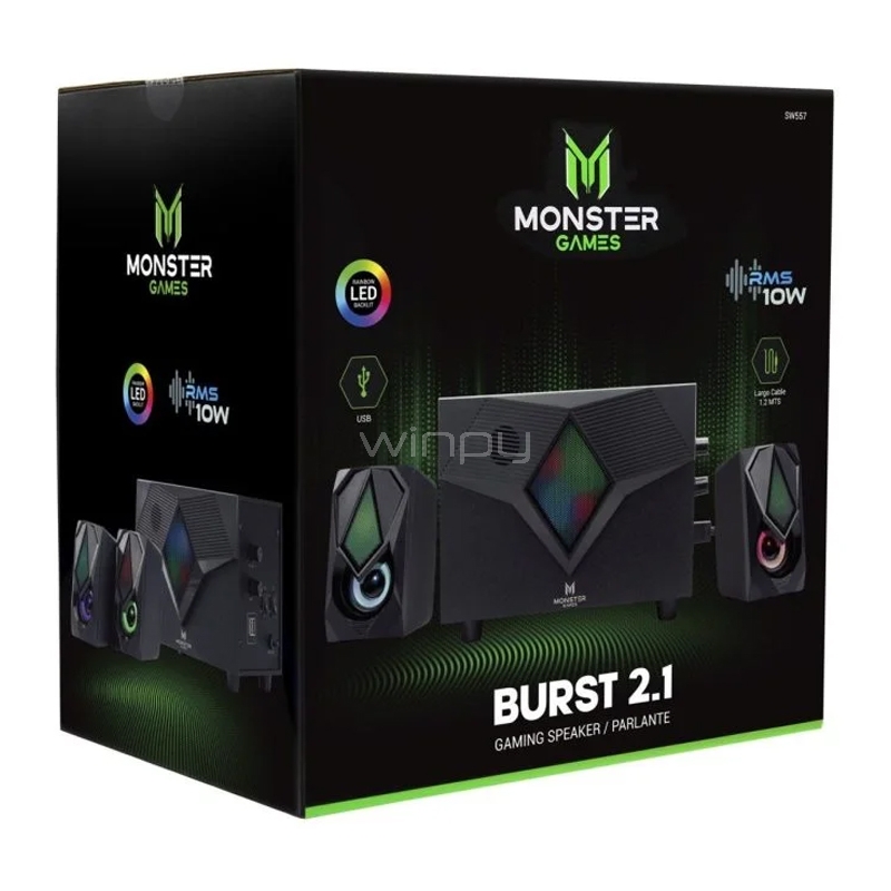 Subwoofer Monster Games Burst 2.1 (RMS 10W, Jack 3.5mm, USB, LED Multicolor)