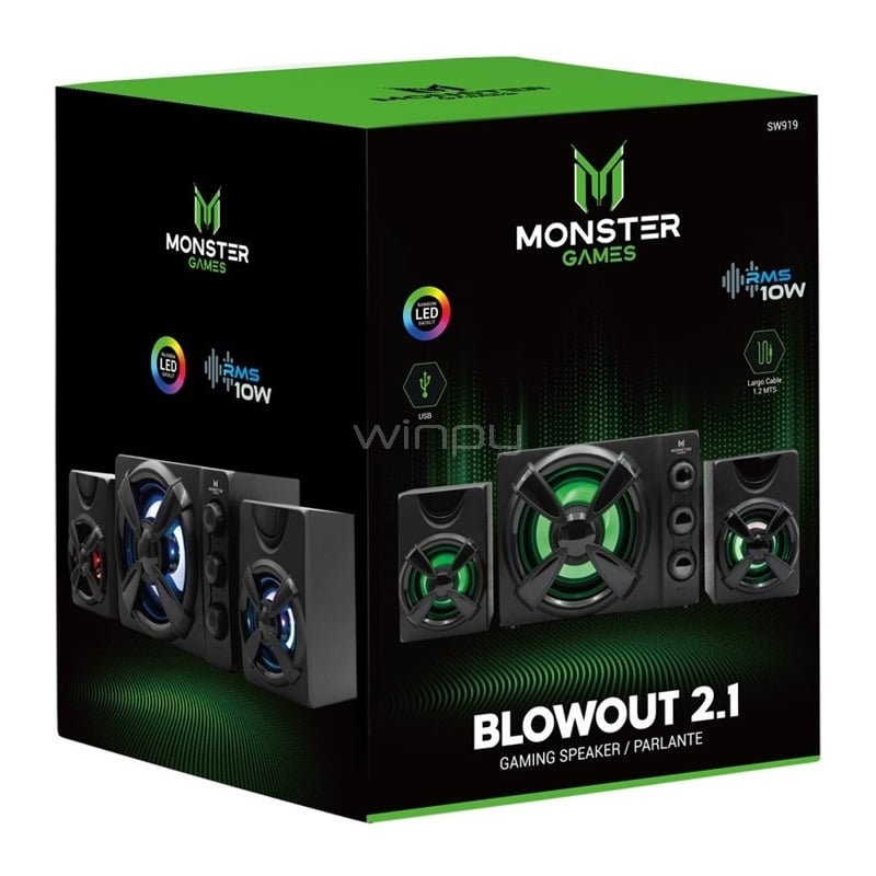 Subwoofer Monster Gamer Blowout 2.1 (RMS 10W, Jack 3.5mm, USB, LED Multicolor)