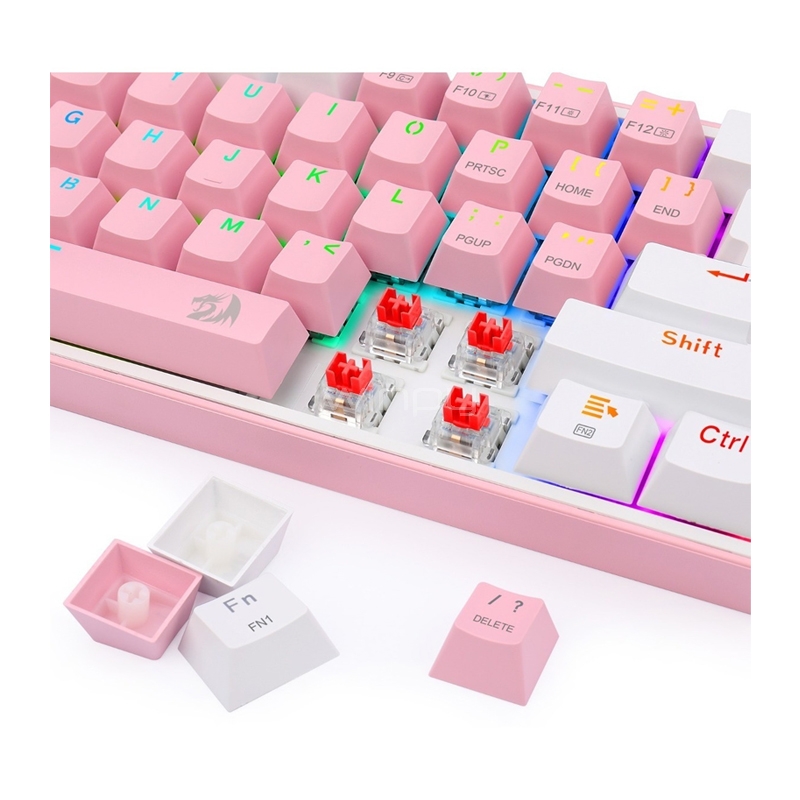 Teclado Mecánico Redragon Fizz Pro K616-RGB B (Switch Red, 1ms, Bluetooth/2.4GHz/USB-C, Rosado/Blanco)