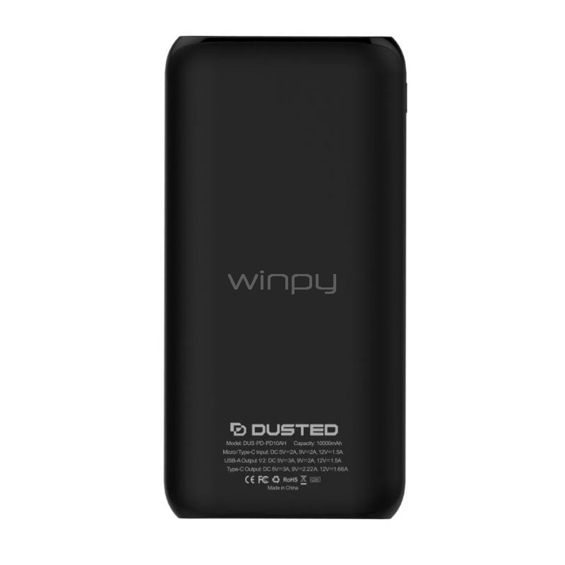 Batería Portátil Externa Dusted PB Slim de 10.000 mAh (PD-QC3.0, Negro)