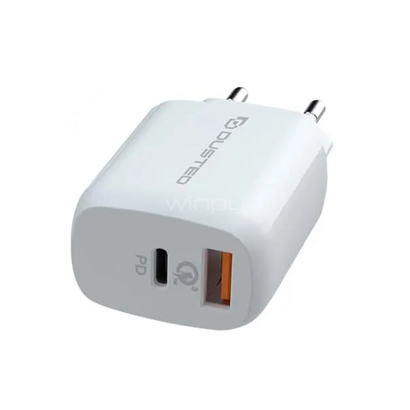 Cargador USB-C Dusted para Smartphone (PD QC 3.3, 20W, Cable 2en1, Blanco)