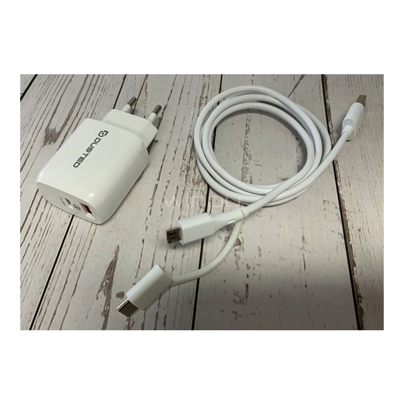 Cargador USB-C Dusted para Smartphone (PD QC 3.3, 20W, Cable 2en1, Blanco)