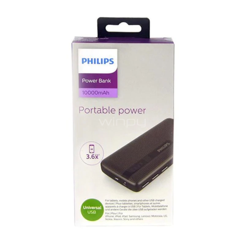Batería Externa Philips Power Bank de 10.000 mAh (USB, Negro)
