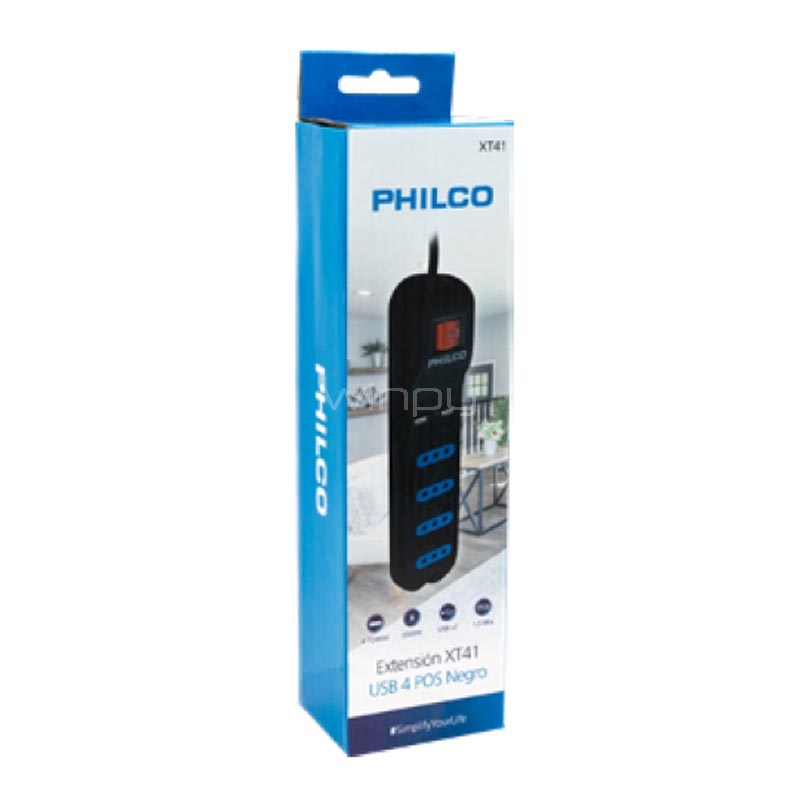 Zapatilla Alargadora Philco XT41 (4 Enchufes + 2 USB, 1,5 Metros, Negro)