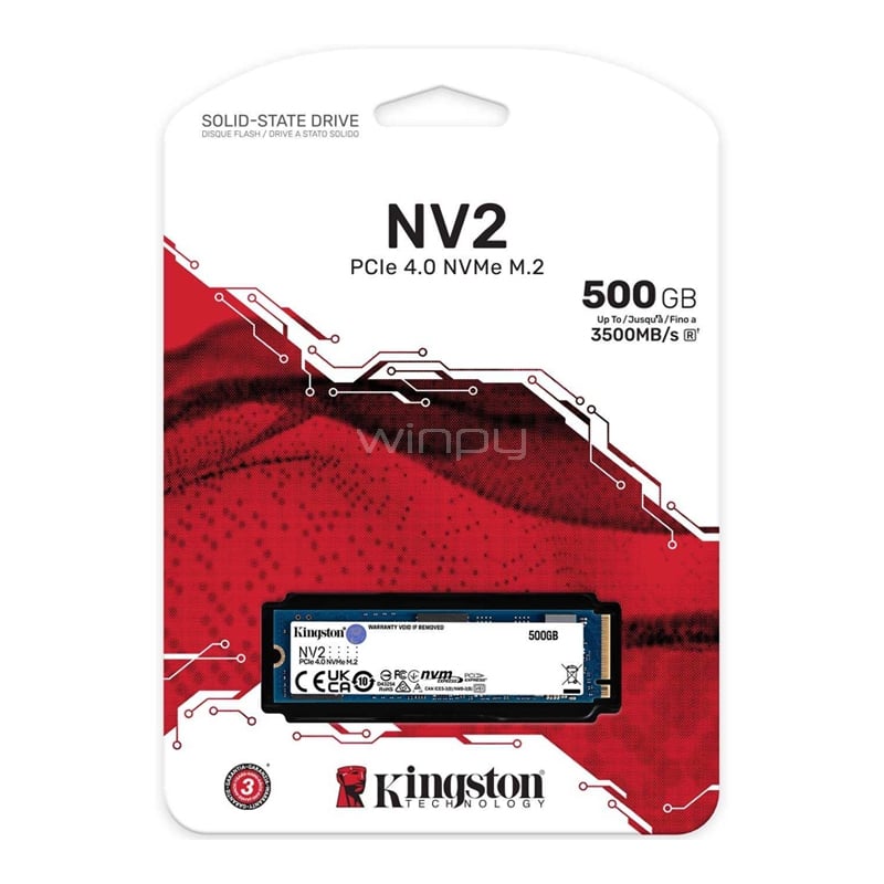 Unidad de Estado Sólido Kingston NV2 de 500GB (M.2 2280, NVMe, PCIe Gen 4x4)