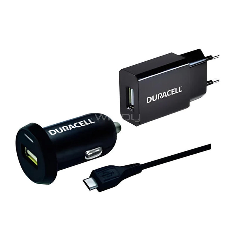 Kit de Carga Duracell 79DUR 3 en 1 (Cable microUSB de 1.2m, Cargador 12 Volt/ 1Ah)