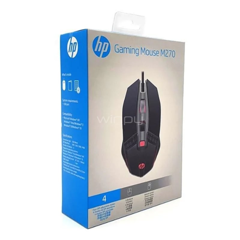 Mouse Gamer HP M270 (2.400dpi, Retroiluminación LED, Negro/Gris)