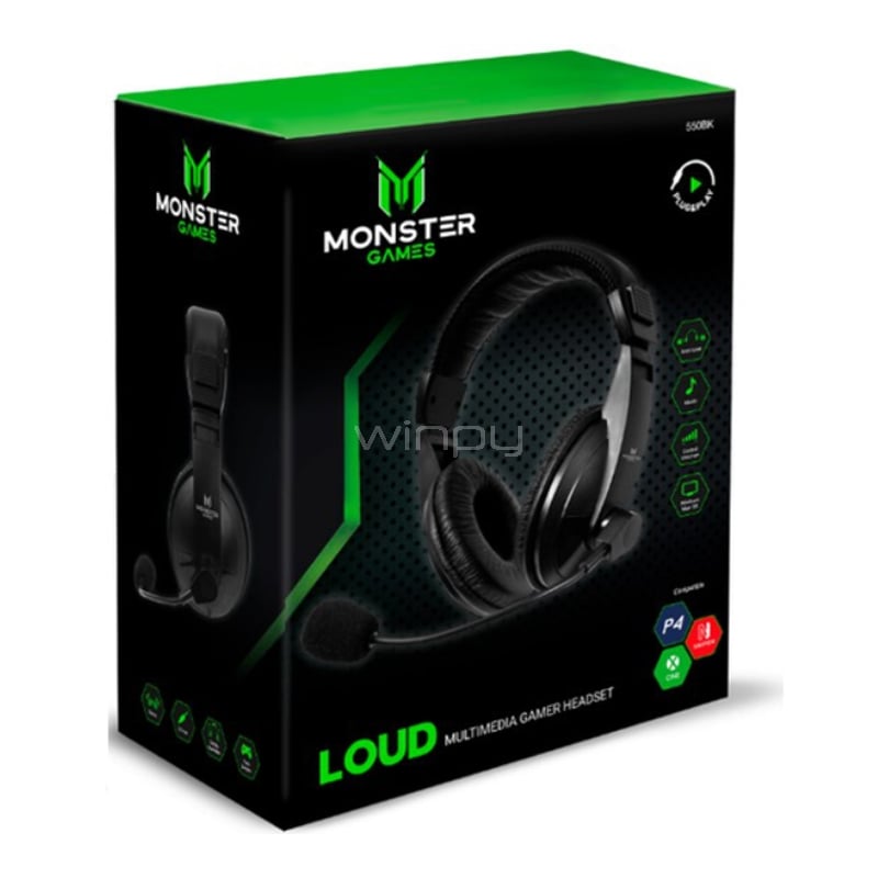 Audífonos Monster Games Loud (Jack 3.5mm, Multiplataforma, Negro)