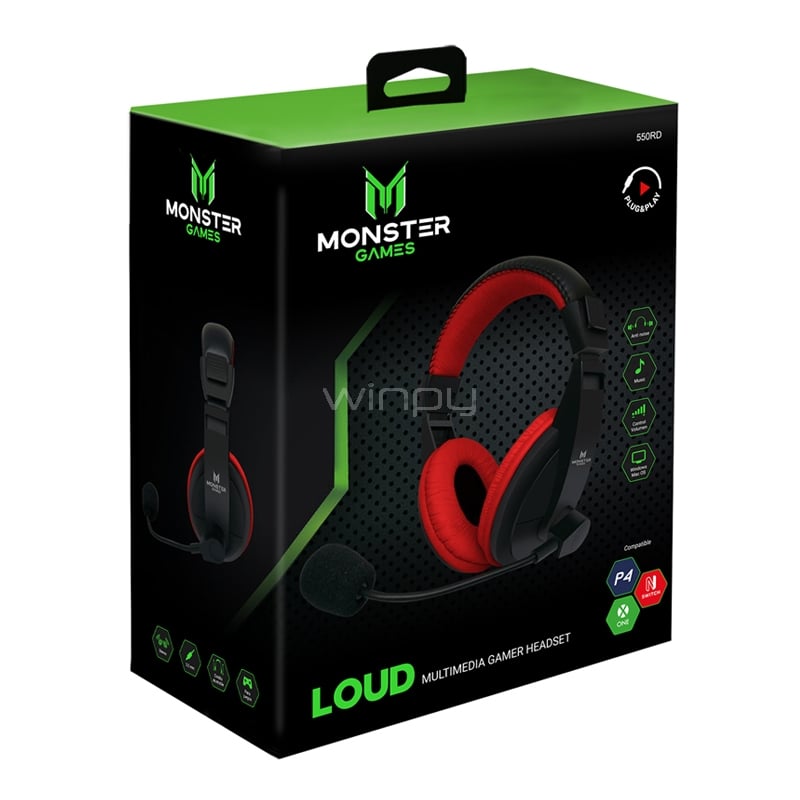 Audífonos Monster Games Loud (Jack 3.5mm, Multiplataforma, Rojo)