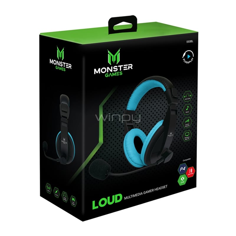 Audífonos Monster Games Loud (Jack 3.5mm, Multiplataforma, Azul)