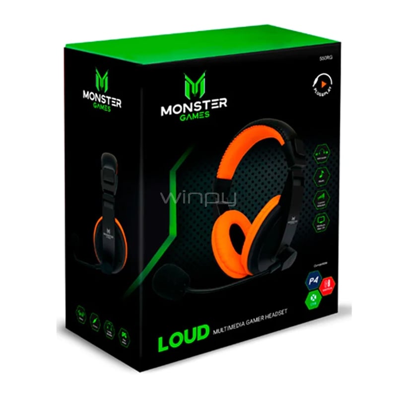 Audífonos Monster Games Loud (Jack 3.5mm, Multiplataforma, Naranjo)