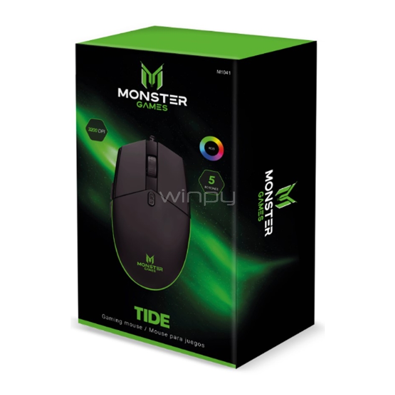 Mouse Gamer Monster Games Tide de 5 Botones (3.200dpi, LED Multicolor, Negro)