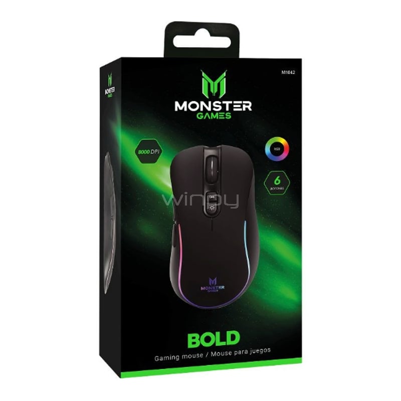 Mouse Gamer Monster Games Bold de 6 Botones (8.000dpi, LED Multicolor, Negro)