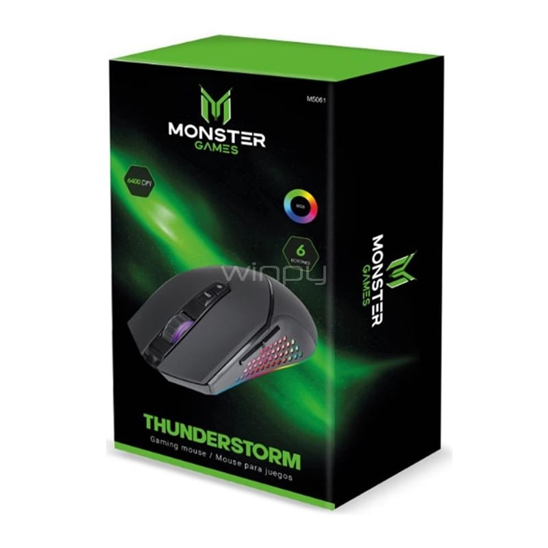 Mouse Gamer Monster Games Thunderstorm de 6 Botones (6.400dpi, RGB, Negro)