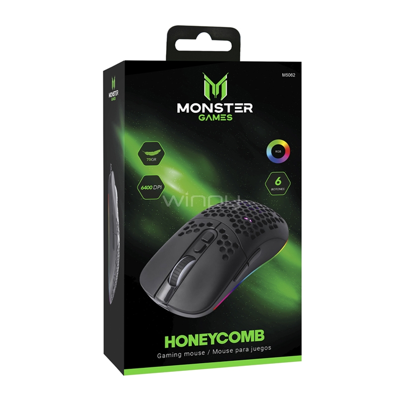 Mouse Gamer Monster Games Honeycomb de 6 Botones (6.400dpi, RGB, Negro)