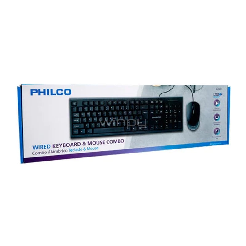 Kit Teclado + Mouse Philco K4500 (Alámbrico, 1.200dpi, Negro)