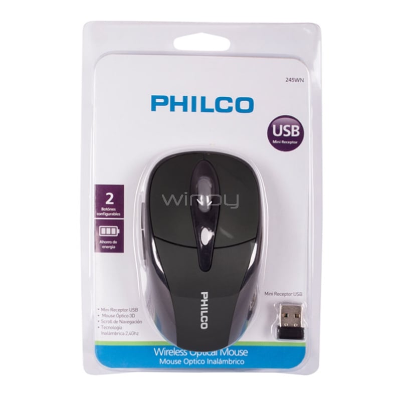 Mouse Inalámbrico Philco 245WN (Dongle USB, Negro)