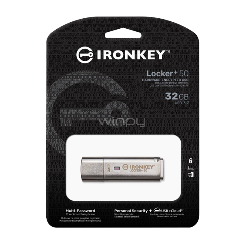 Pendrive Kingston IronKey Locker+ 50 de 32 GB (USB-A 3.2 Gen 1, Plateado)