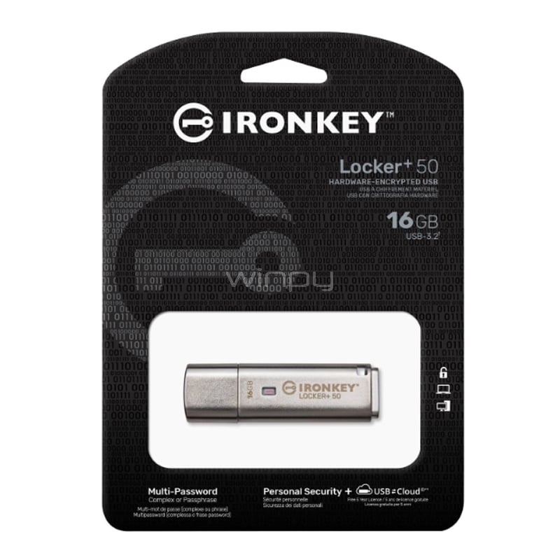 Pendrive Kingston IronKey Locker+ 50 de 16GB (USB-A 3.2 Gen 1, Plateado)