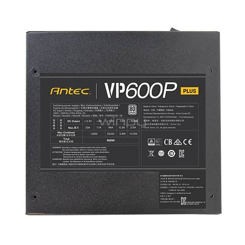 Fuente de Poder Antec VP600P Plus 600W (Certificado 80+, ATX)