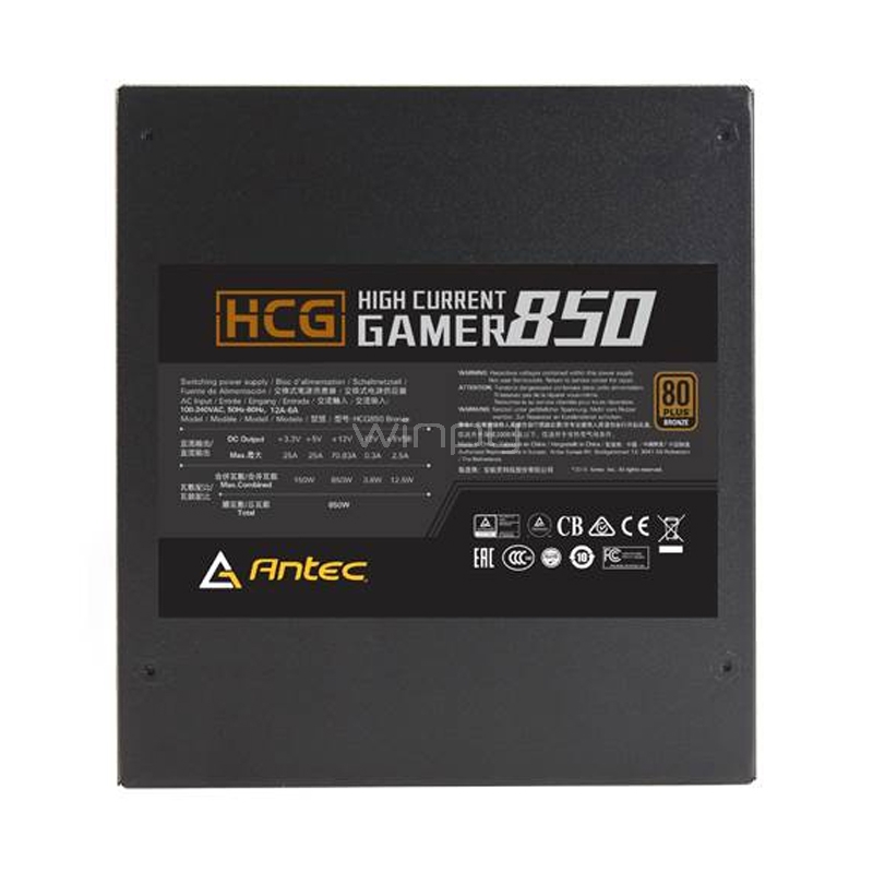 Fuente de Poder Antec HCG de 850W (Full Modular, Certificado 80+ Bronce, ATX)