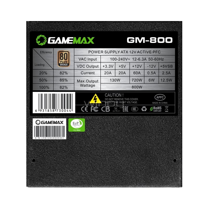 Fuente de Poder GameMax GM-800 de 800W (Semi-Modular, Certificado 80+ Bronze, ATX)