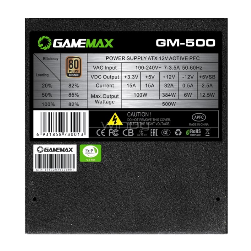 Fuente de Poder GameMax GM-500 de 500W (Semi-Modular, Certificado 80+ Bronce, ATX)