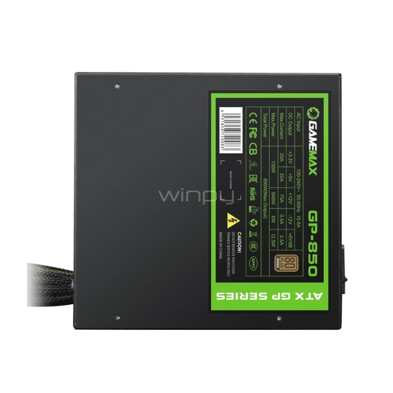 Fuente de Poder GameMax GP-850 de 850W (Certificado 80+ Bronce, ATX)