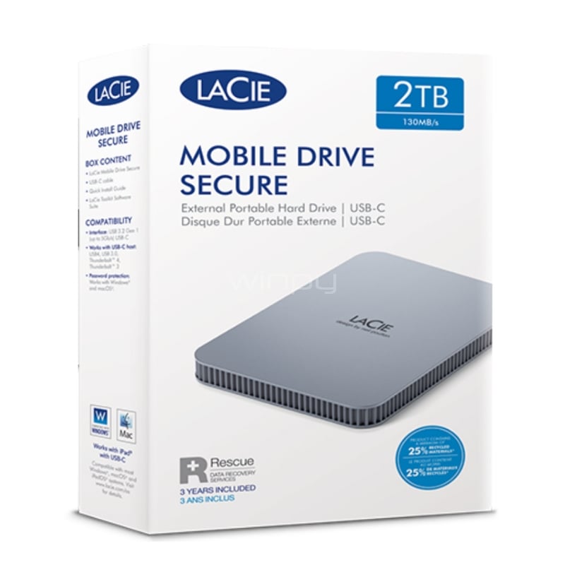 Disco Duro Externo LaCie Mobile Drive Secure de 2TB (USB-C, Gris)