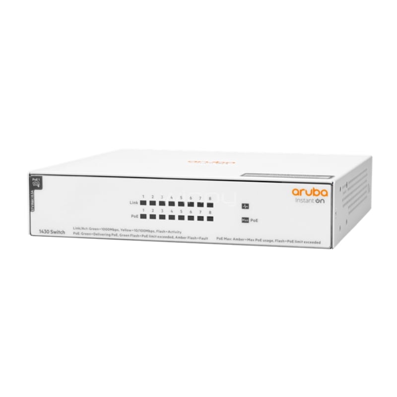 Switch Aruba Instant On 1430 de 8 Puertos (Gigabit, L2, 16 Gbps, PoE, 64W)